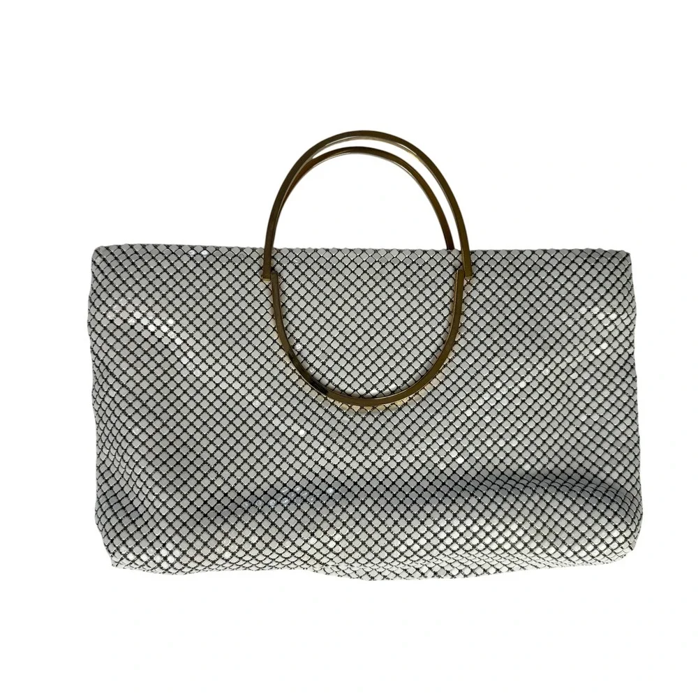 Vintage White Enameled Metal Mesh Evening Bag Gold Ring Handle Clutch Formal